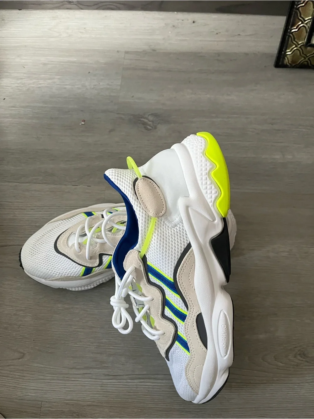 adidas men’s White Sneakers with Blue & Neon Yellow Accents